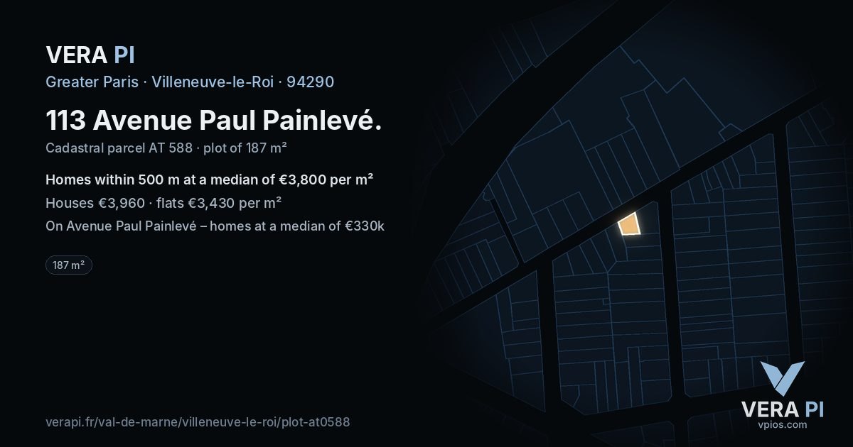 113 Avenue Paul Painlevé, Villeneuve-le-Roi at night – the plot lit, the parcels around coloured by the prices near them