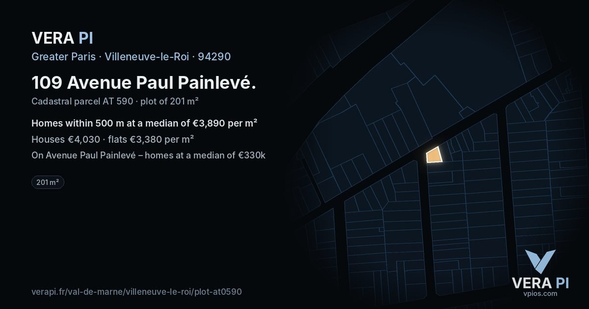 109 Avenue Paul Painlevé, Villeneuve-le-Roi at night – the plot lit, the parcels around coloured by the prices near them