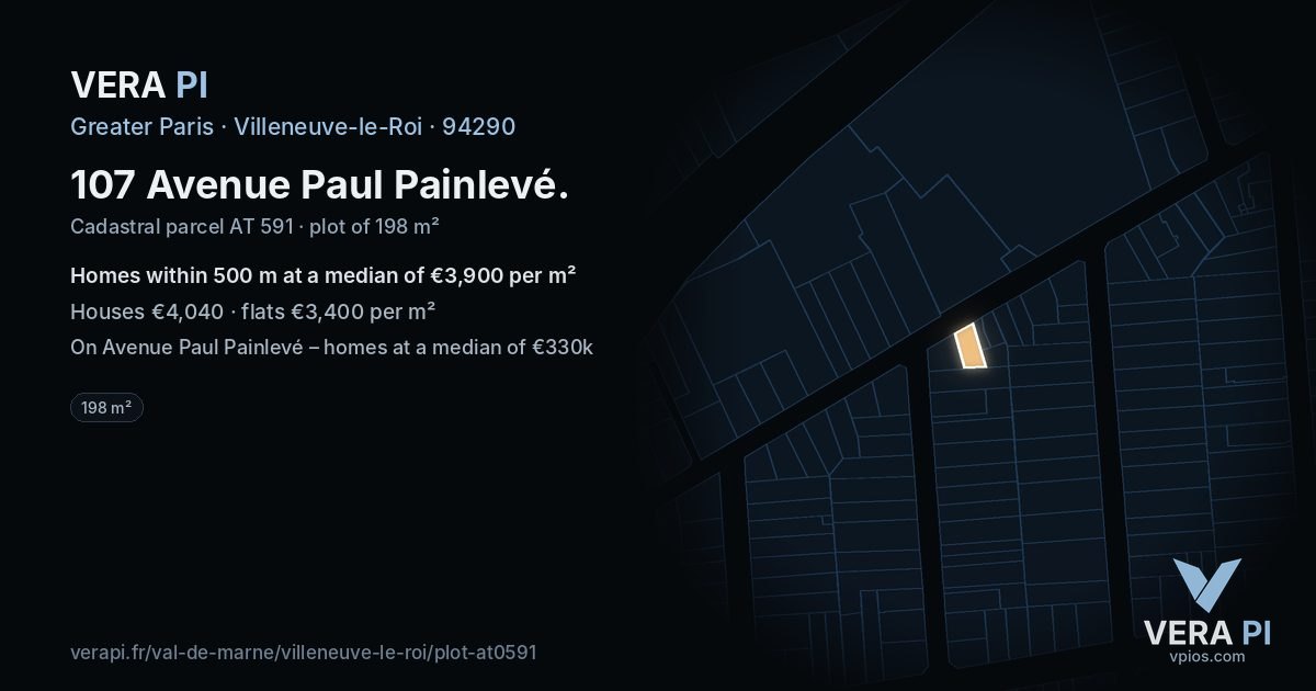 107 Avenue Paul Painlevé, Villeneuve-le-Roi at night – the plot lit, the parcels around coloured by the prices near them