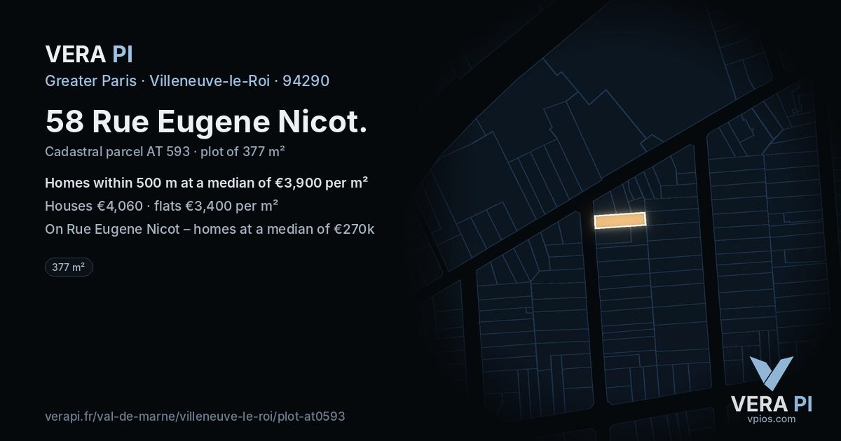 58 Rue Eugene Nicot, Villeneuve-le-Roi at night – the plot lit, the parcels around coloured by the prices near them