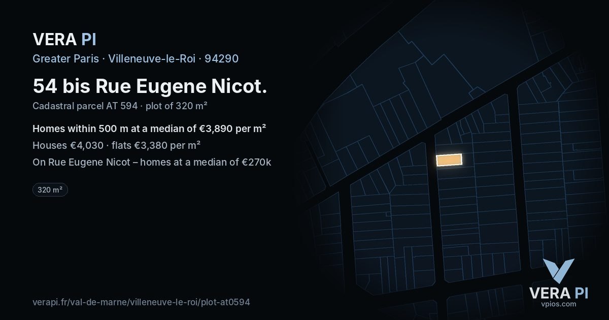 54 bis Rue Eugene Nicot, Villeneuve-le-Roi at night – the plot lit, the parcels around coloured by the prices near them