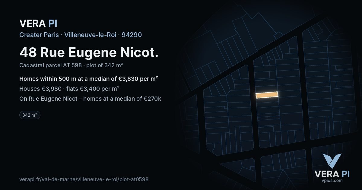 48 Rue Eugene Nicot, Villeneuve-le-Roi at night – the plot lit, the parcels around coloured by the prices near them