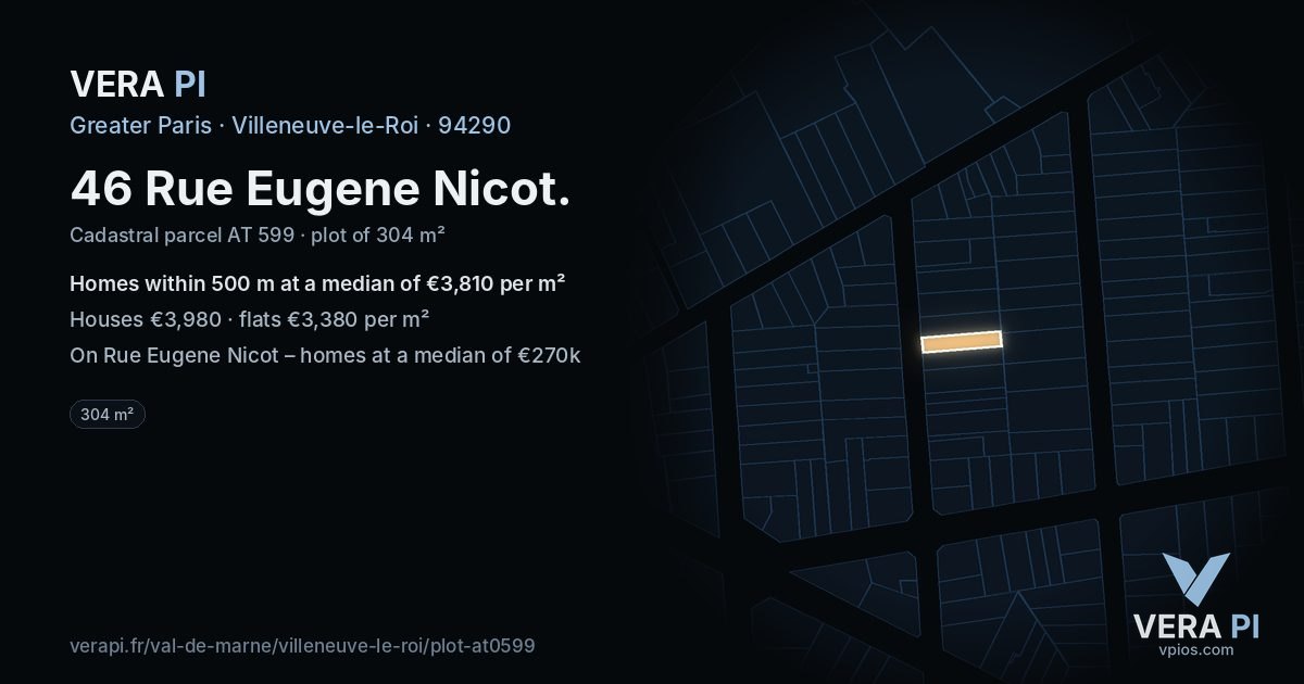 46 Rue Eugene Nicot, Villeneuve-le-Roi at night – the plot lit, the parcels around coloured by the prices near them