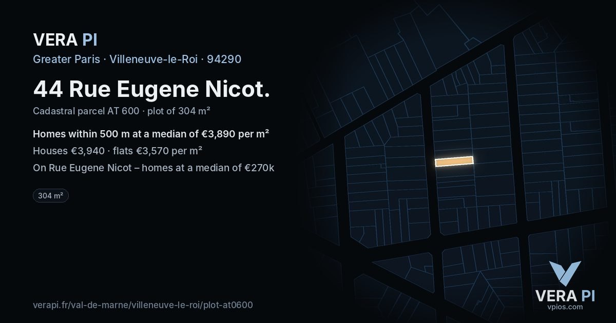 44 Rue Eugene Nicot, Villeneuve-le-Roi at night – the plot lit, the parcels around coloured by the prices near them