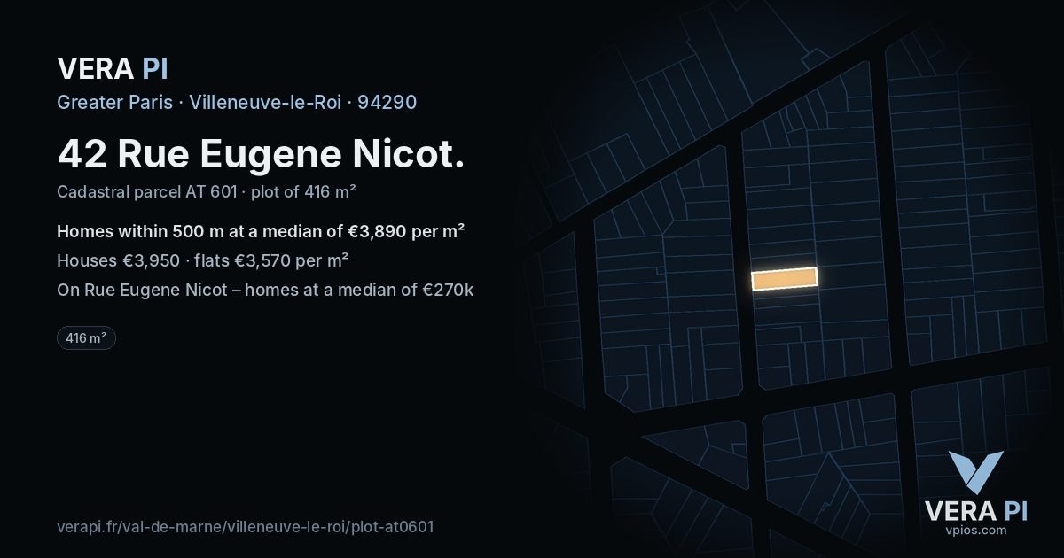 42 Rue Eugene Nicot, Villeneuve-le-Roi at night – the plot lit, the parcels around coloured by the prices near them