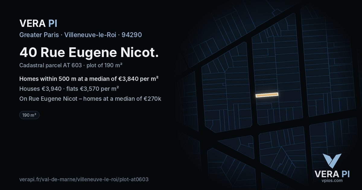 40 Rue Eugene Nicot, Villeneuve-le-Roi at night – the plot lit, the parcels around coloured by the prices near them