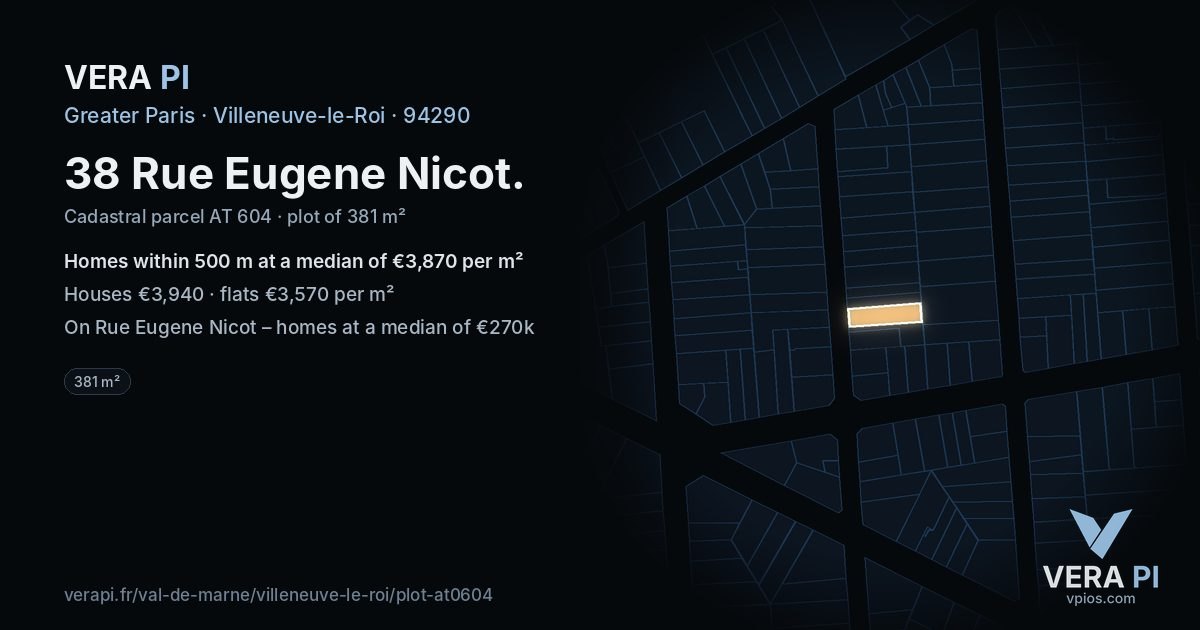 38 Rue Eugene Nicot, Villeneuve-le-Roi at night – the plot lit, the parcels around coloured by the prices near them