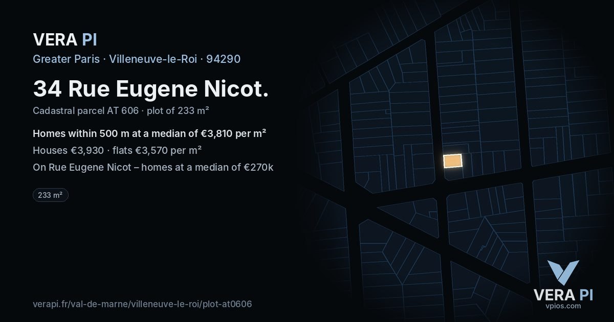 34 Rue Eugene Nicot, Villeneuve-le-Roi at night – the plot lit, the parcels around coloured by the prices near them