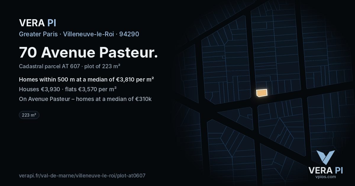 70 Avenue Pasteur, Villeneuve-le-Roi at night – the plot lit, the parcels around coloured by the prices near them