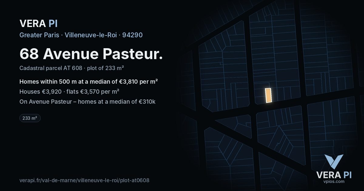 68 Avenue Pasteur, Villeneuve-le-Roi at night – the plot lit, the parcels around coloured by the prices near them