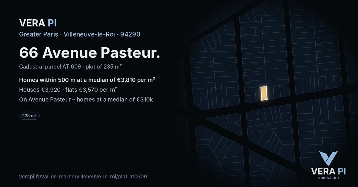 66 Avenue Pasteur, Villeneuve-le-Roi at night – the plot lit, the parcels around coloured by the prices near them