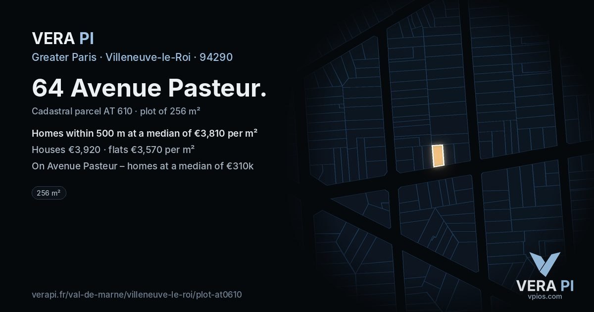64 Avenue Pasteur, Villeneuve-le-Roi at night – the plot lit, the parcels around coloured by the prices near them