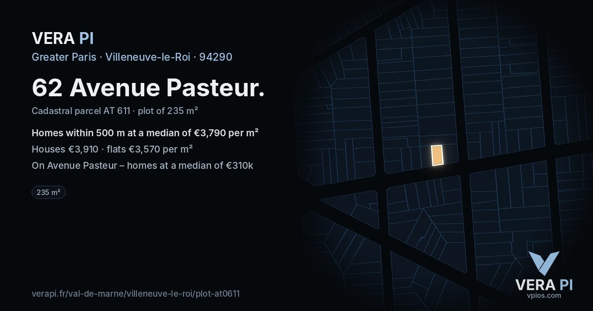 62 Avenue Pasteur, Villeneuve-le-Roi at night – the plot lit, the parcels around coloured by the prices near them
