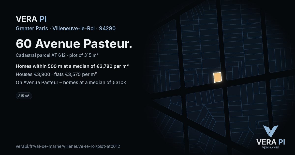 60 Avenue Pasteur, Villeneuve-le-Roi at night – the plot lit, the parcels around coloured by the prices near them