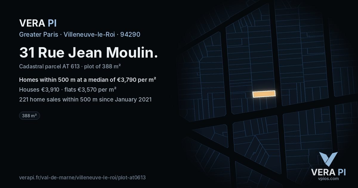 31 Rue Jean Moulin, Villeneuve-le-Roi at night – the plot lit, the parcels around coloured by the prices near them
