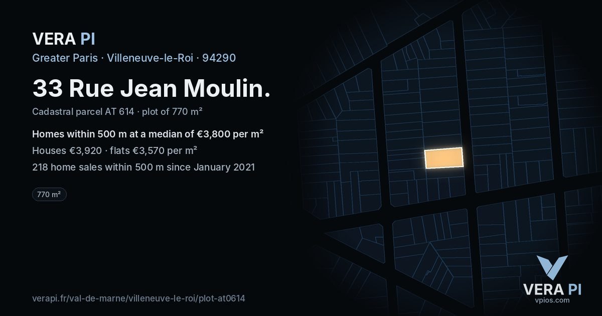 33 Rue Jean Moulin, Villeneuve-le-Roi at night – the plot lit, the parcels around coloured by the prices near them