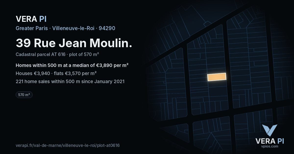 39 Rue Jean Moulin, Villeneuve-le-Roi at night – the plot lit, the parcels around coloured by the prices near them