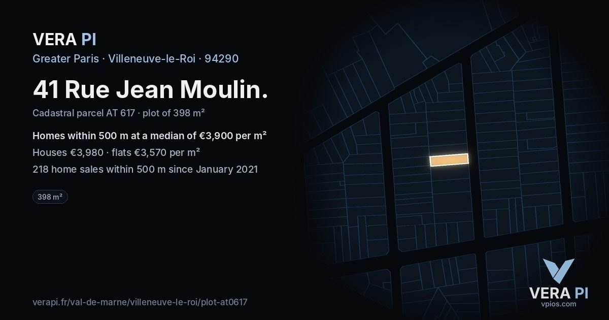 41 Rue Jean Moulin, Villeneuve-le-Roi at night – the plot lit, the parcels around coloured by the prices near them
