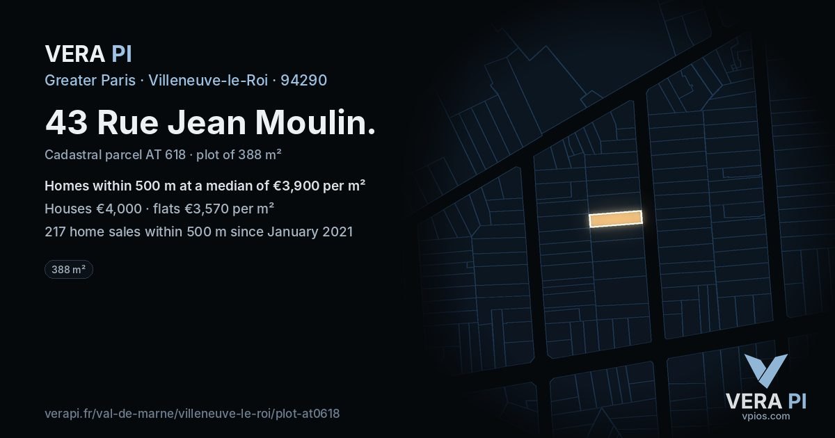 43 Rue Jean Moulin, Villeneuve-le-Roi at night – the plot lit, the parcels around coloured by the prices near them
