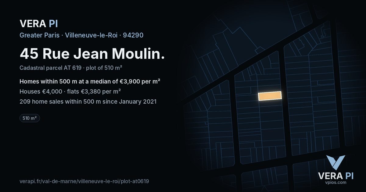 45 Rue Jean Moulin, Villeneuve-le-Roi at night – the plot lit, the parcels around coloured by the prices near them