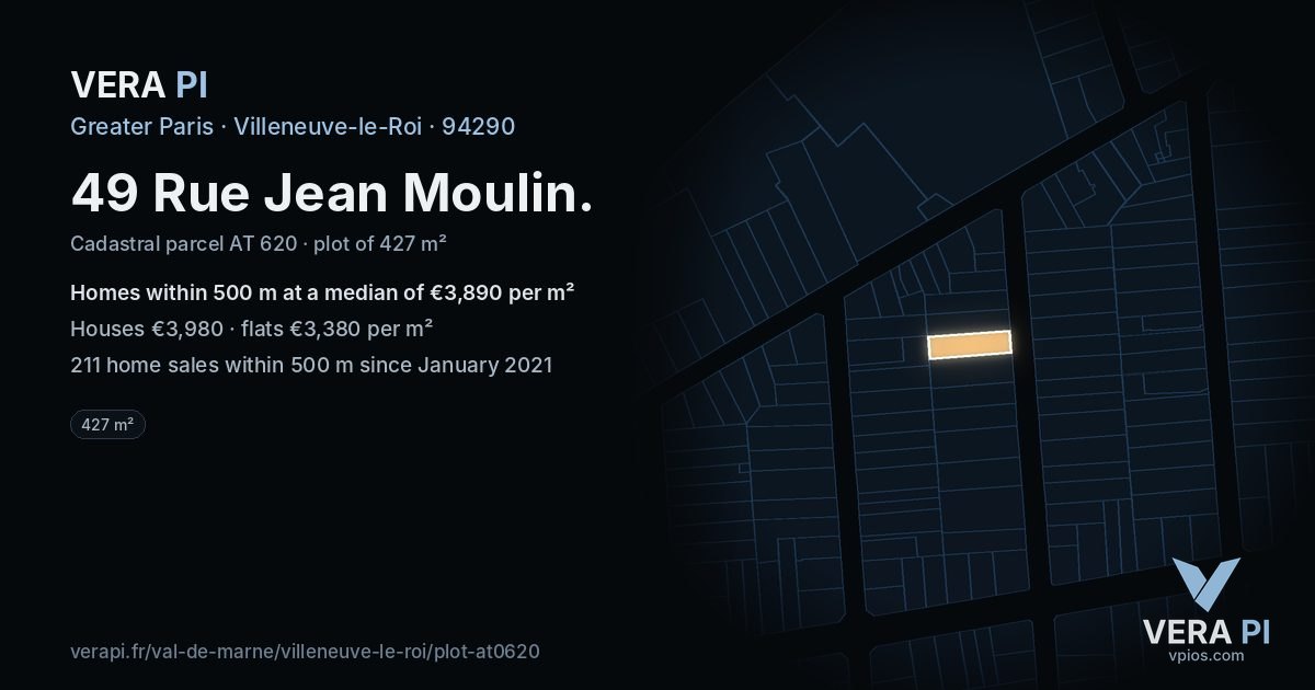49 Rue Jean Moulin, Villeneuve-le-Roi at night – the plot lit, the parcels around coloured by the prices near them