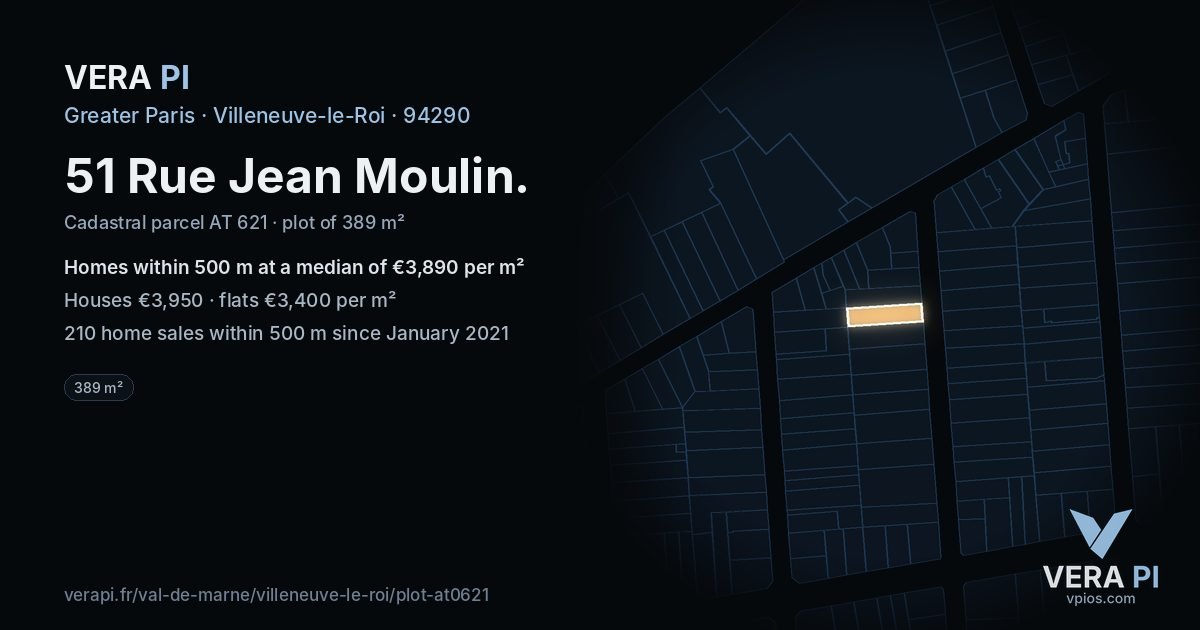 51 Rue Jean Moulin, Villeneuve-le-Roi at night – the plot lit, the parcels around coloured by the prices near them