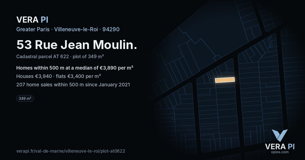 53 Rue Jean Moulin, Villeneuve-le-Roi at night – the plot lit, the parcels around coloured by the prices near them
