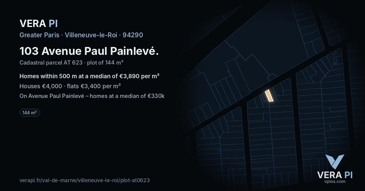 103 Avenue Paul Painlevé, Villeneuve-le-Roi at night – the plot lit, the parcels around coloured by the prices near them