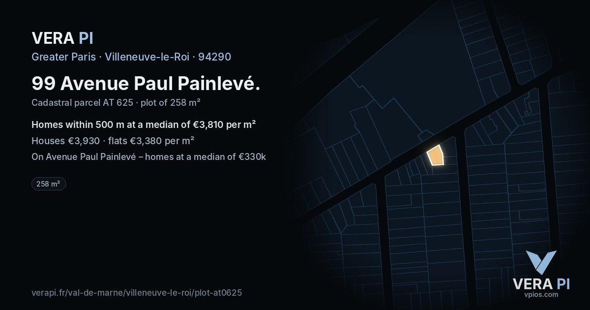 99 Avenue Paul Painlevé, Villeneuve-le-Roi at night – the plot lit, the parcels around coloured by the prices near them