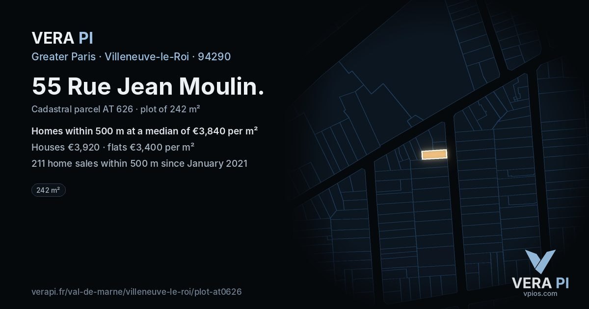 55 Rue Jean Moulin, Villeneuve-le-Roi at night – the plot lit, the parcels around coloured by the prices near them