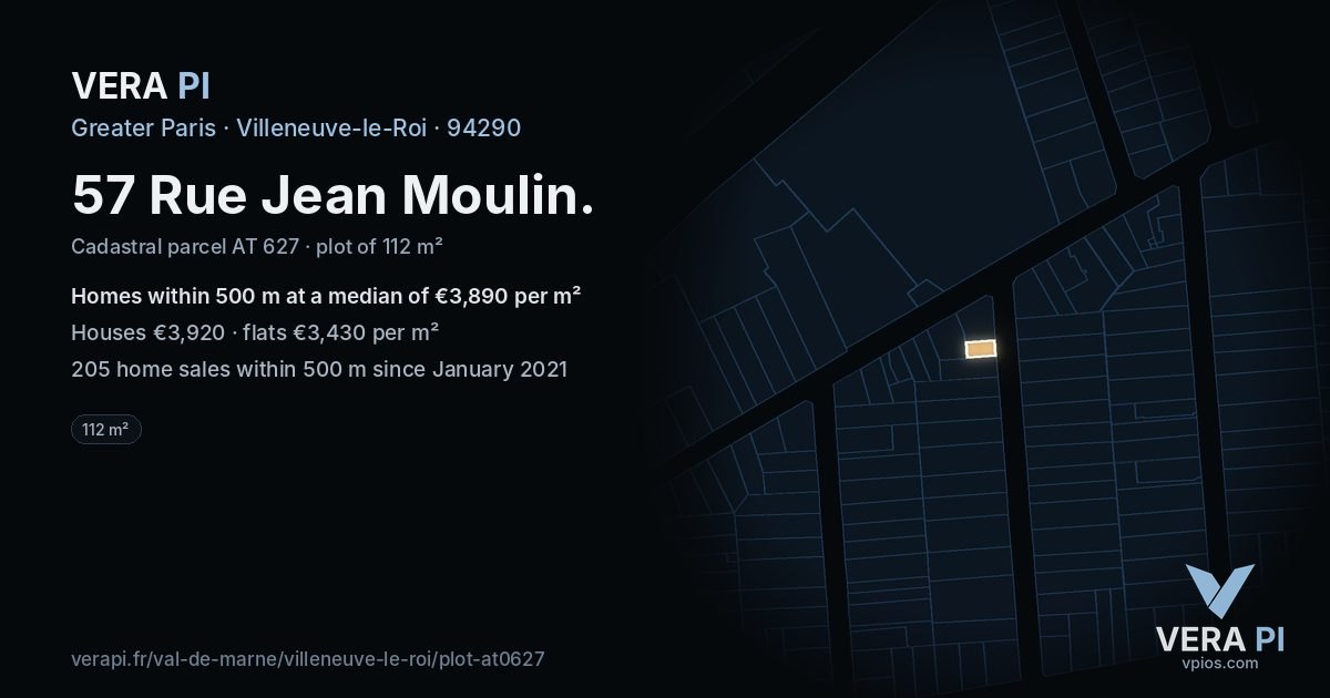 57 Rue Jean Moulin, Villeneuve-le-Roi at night – the plot lit, the parcels around coloured by the prices near them