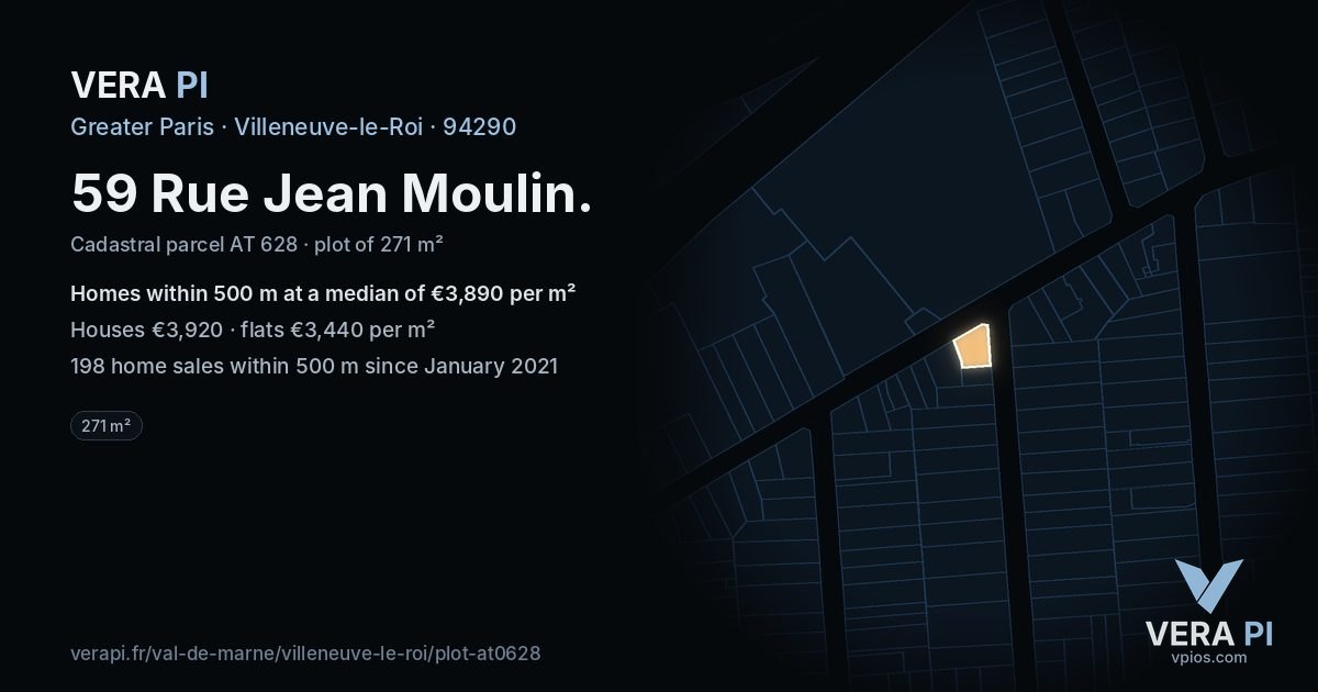 59 Rue Jean Moulin, Villeneuve-le-Roi at night – the plot lit, the parcels around coloured by the prices near them