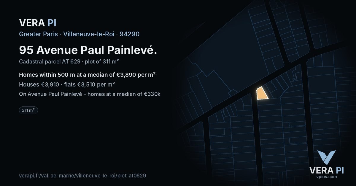 95 Avenue Paul Painlevé, Villeneuve-le-Roi at night – the plot lit, the parcels around coloured by the prices near them