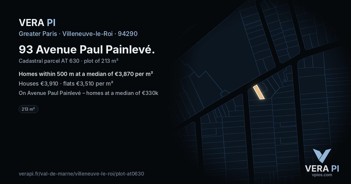 93 Avenue Paul Painlevé, Villeneuve-le-Roi at night – the plot lit, the parcels around coloured by the prices near them