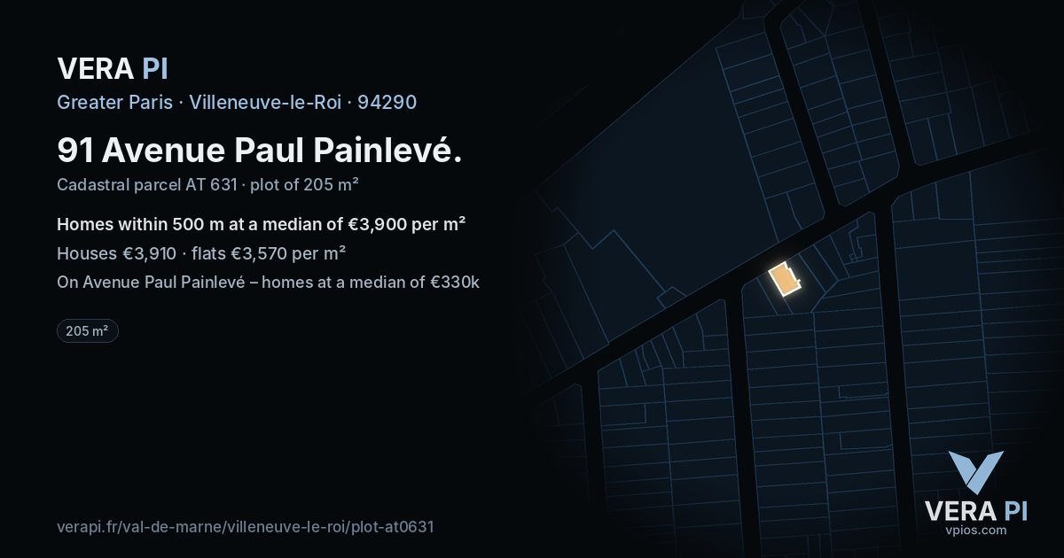 91 Avenue Paul Painlevé, Villeneuve-le-Roi at night – the plot lit, the parcels around coloured by the prices near them