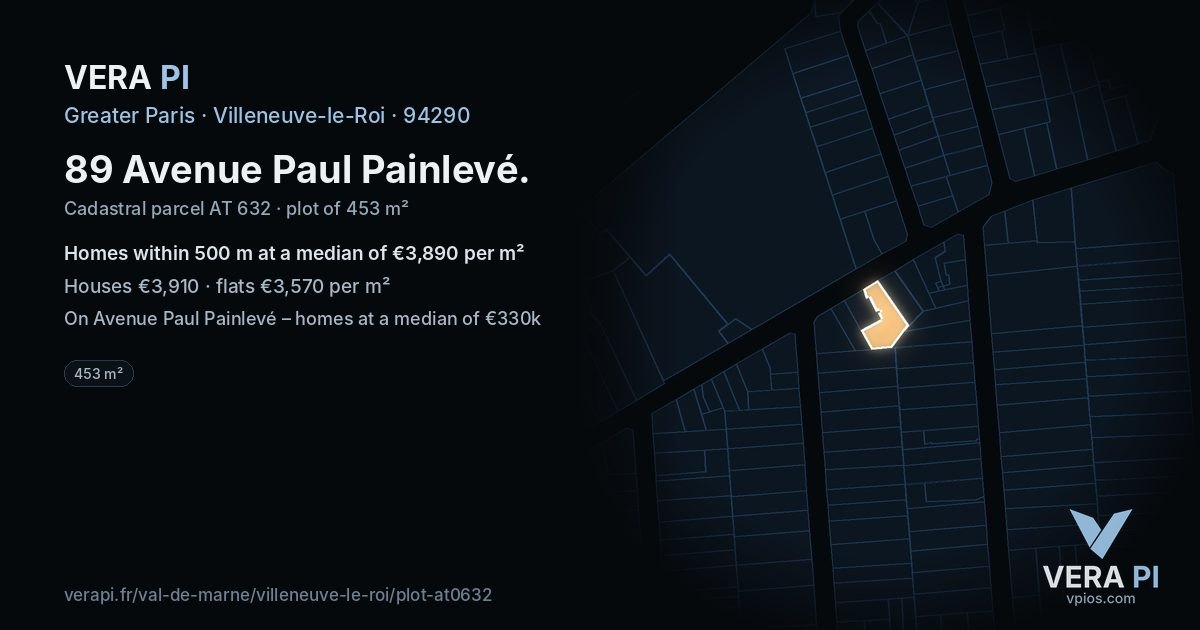 89 Avenue Paul Painlevé, Villeneuve-le-Roi at night – the plot lit, the parcels around coloured by the prices near them