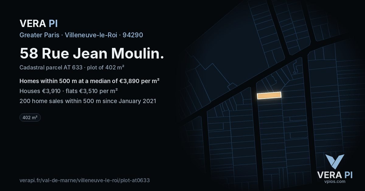 58 Rue Jean Moulin, Villeneuve-le-Roi at night – the plot lit, the parcels around coloured by the prices near them