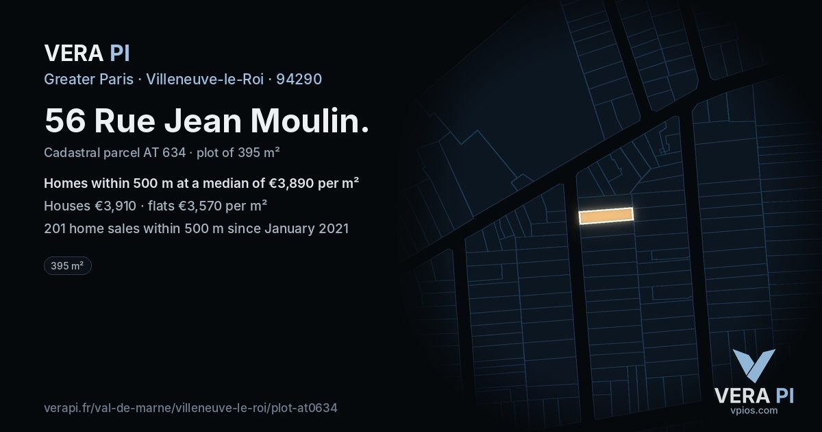 56 Rue Jean Moulin, Villeneuve-le-Roi at night – the plot lit, the parcels around coloured by the prices near them