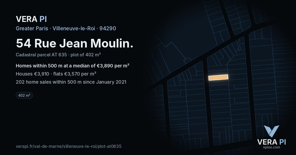 54 Rue Jean Moulin, Villeneuve-le-Roi at night – the plot lit, the parcels around coloured by the prices near them