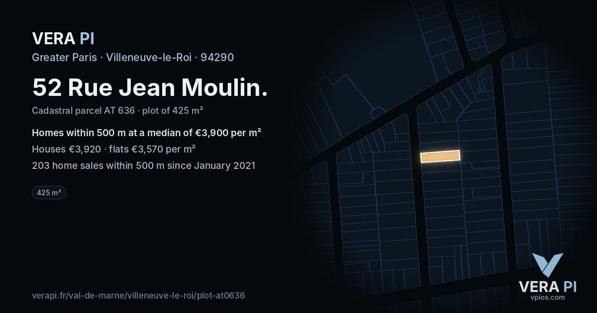 52 Rue Jean Moulin, Villeneuve-le-Roi at night – the plot lit, the parcels around coloured by the prices near them