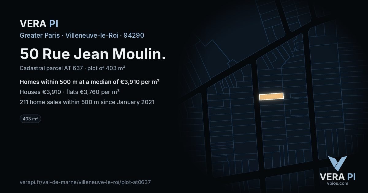 50 Rue Jean Moulin, Villeneuve-le-Roi at night – the plot lit, the parcels around coloured by the prices near them