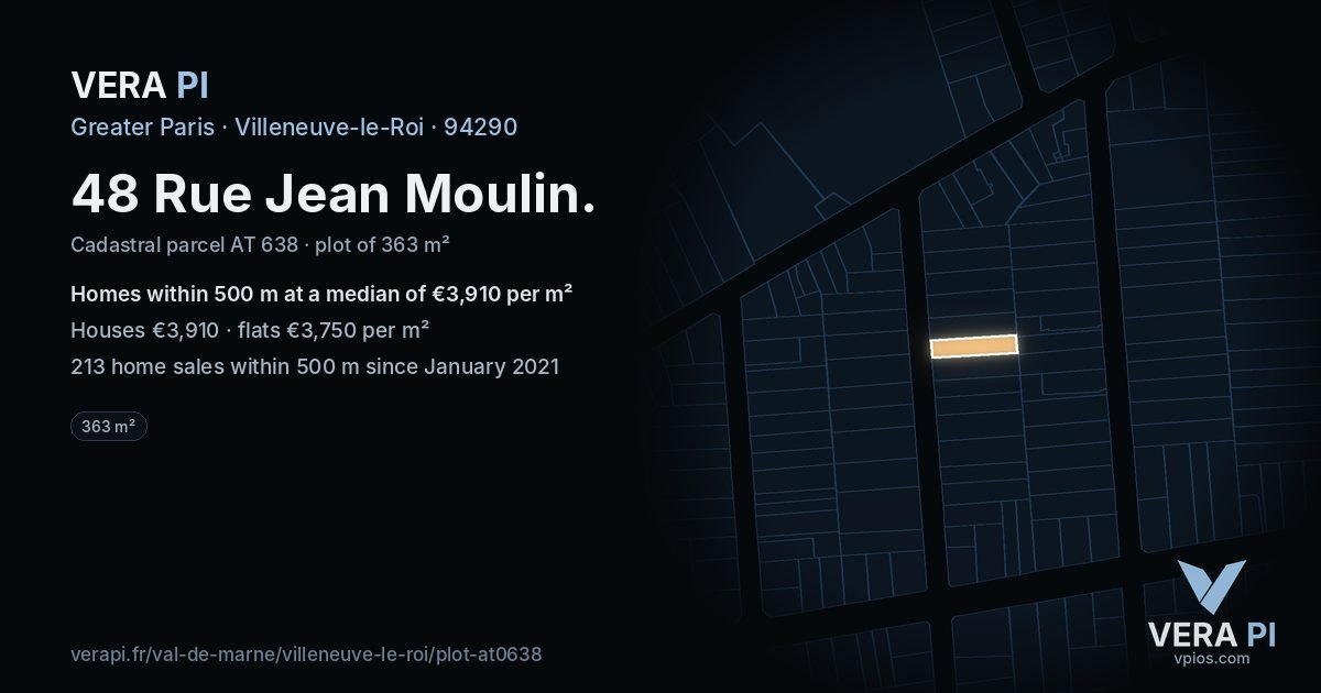 48 Rue Jean Moulin, Villeneuve-le-Roi at night – the plot lit, the parcels around coloured by the prices near them