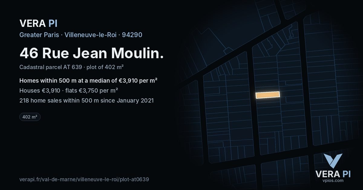 46 Rue Jean Moulin, Villeneuve-le-Roi at night – the plot lit, the parcels around coloured by the prices near them