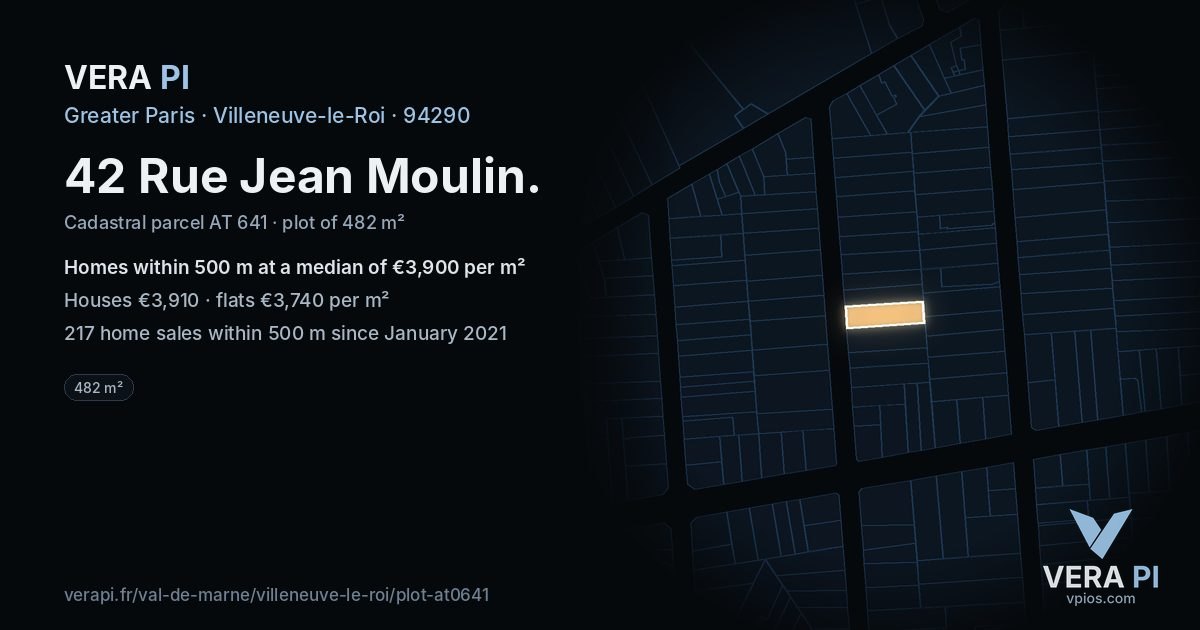 42 Rue Jean Moulin, Villeneuve-le-Roi at night – the plot lit, the parcels around coloured by the prices near them