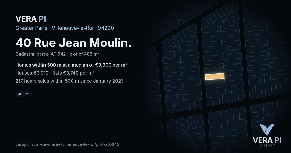 40 Rue Jean Moulin, Villeneuve-le-Roi at night – the plot lit, the parcels around coloured by the prices near them