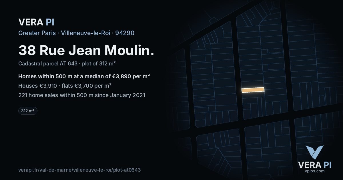 38 Rue Jean Moulin, Villeneuve-le-Roi at night – the plot lit, the parcels around coloured by the prices near them