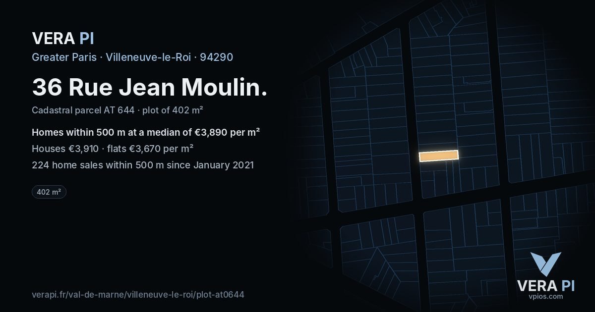36 Rue Jean Moulin, Villeneuve-le-Roi at night – the plot lit, the parcels around coloured by the prices near them