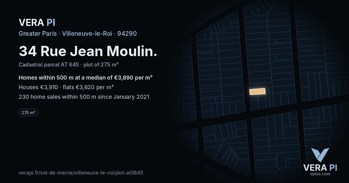 34 Rue Jean Moulin, Villeneuve-le-Roi at night – the plot lit, the parcels around coloured by the prices near them