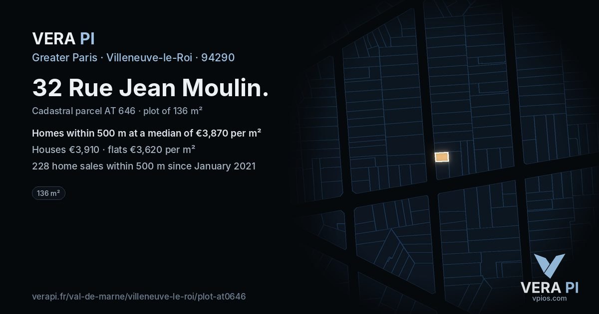 32 Rue Jean Moulin, Villeneuve-le-Roi at night – the plot lit, the parcels around coloured by the prices near them