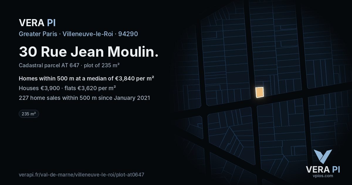 30 Rue Jean Moulin, Villeneuve-le-Roi at night – the plot lit, the parcels around coloured by the prices near them